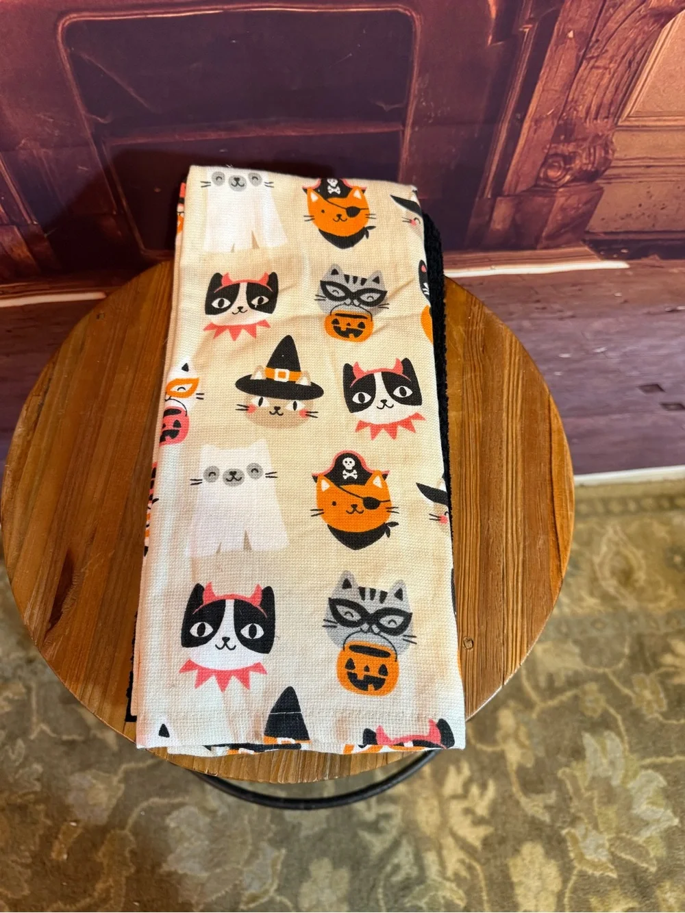 Feline Kitty Halloween Cat Print White/Black/Orange Dish Towel Set Summerween